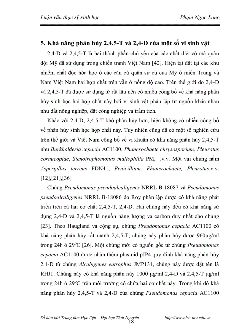 image for page Nghiên cứu khả năng phân hủy 2 4 5 t và đặc điểm phân loại của chủng vi khuẩn phân lập từ các bioreactor xử lý đất nhiễm chất diệt cỏ dioxin