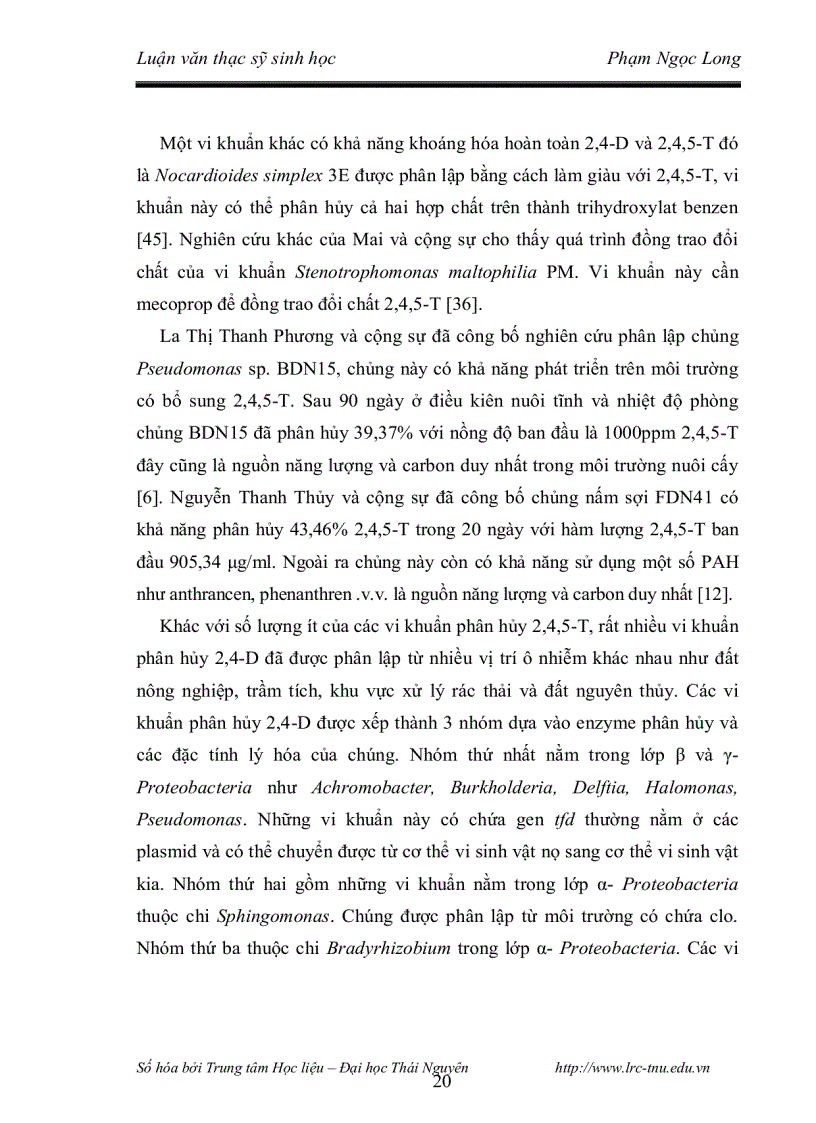 image for page Nghiên cứu khả năng phân hủy 2 4 5 t và đặc điểm phân loại của chủng vi khuẩn phân lập từ các bioreactor xử lý đất nhiễm chất diệt cỏ dioxin