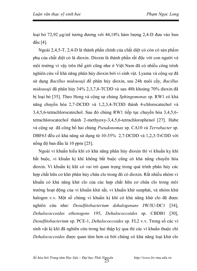 image for page Nghiên cứu khả năng phân hủy 2 4 5 t và đặc điểm phân loại của chủng vi khuẩn phân lập từ các bioreactor xử lý đất nhiễm chất diệt cỏ dioxin