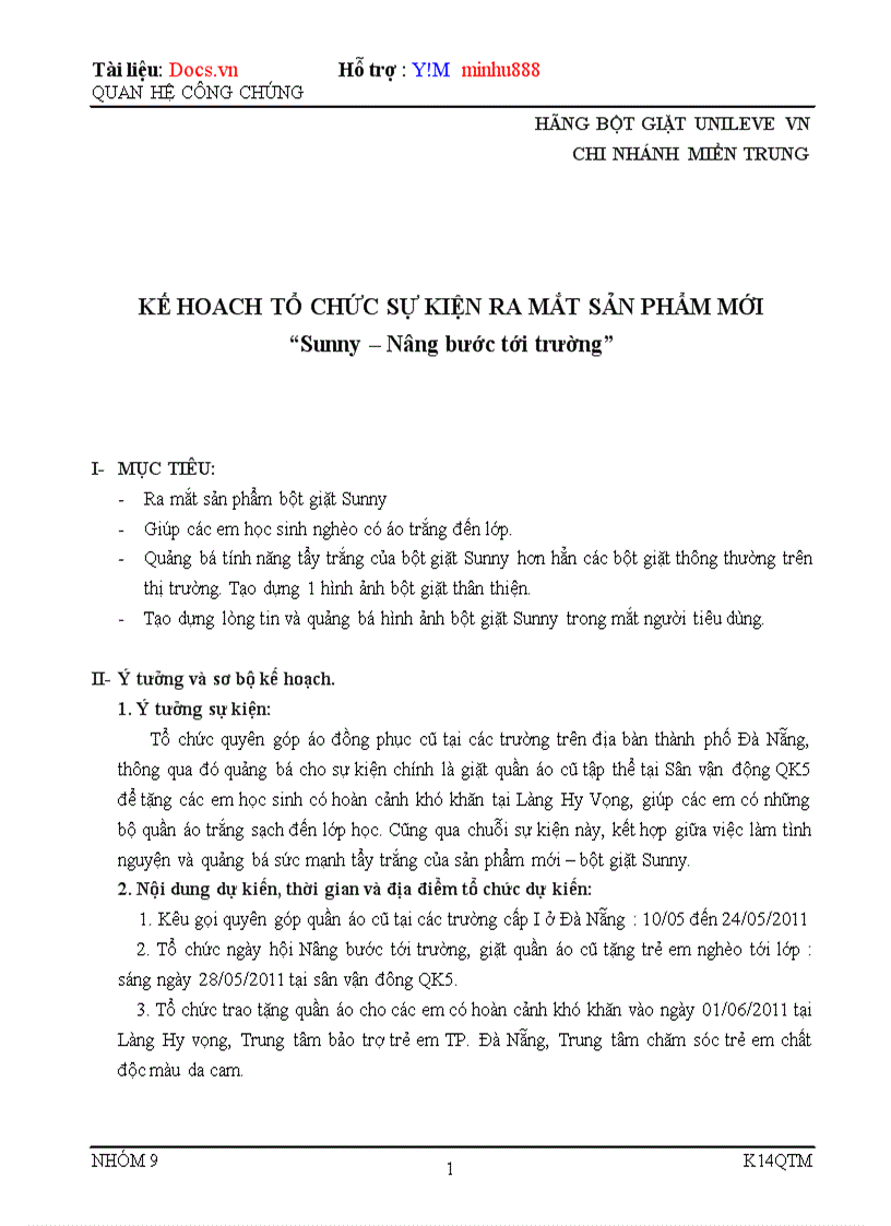 image for page KẾ HOACH TỔ CHỨC SỰ KIỆN RA MẮT SẢN PHẨM MỚI Sunny Nâng bước tới trường