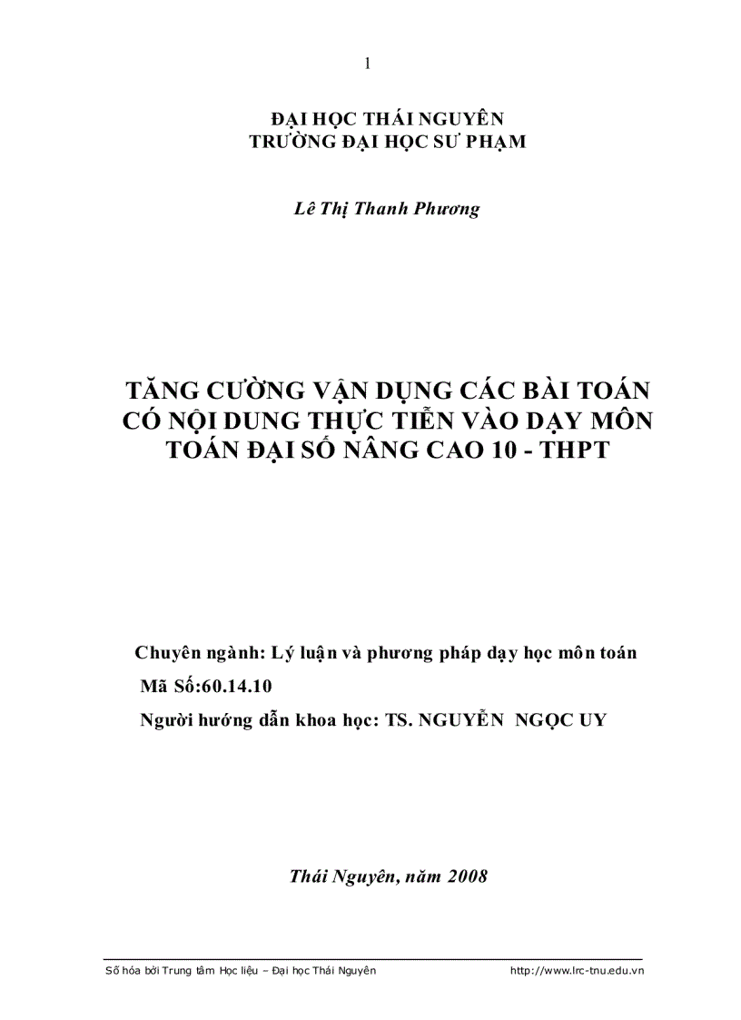 Tăng cường vận dụng các bài toán có nội dung thực tiễn vào dạy môn toán đại số nâng cao 10 thpt