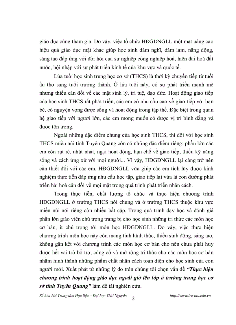 image for page Thực hiện chương trình hoạt động giáo dục ngoài giờ lên lớp ở trường thcs tỉnh tuyên quang