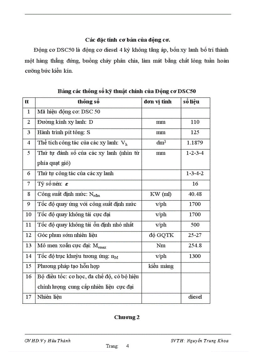 Phân tích đặc điểm kết cấu và tính toán chu trình công tác và động lực học ở chế độ tốc độ 1500 vp của động cơ DSC 50