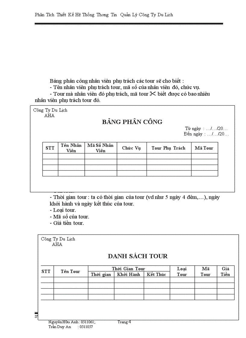 Phân Tích Thiết Kế Hệ Thống Thông Tin Quản Lý Công Ty Du Lịch