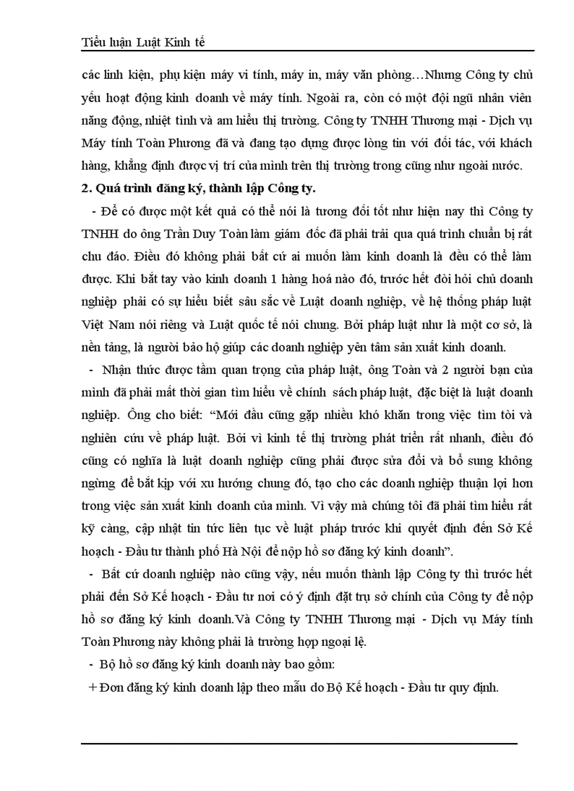 image for page Việc khởi sự chuẩn bị đăng ký thành lập tổ chức bộ máy và hoạt động của Công ty TNHH Thương mại Dịch vụ máy tính Toàn Phương