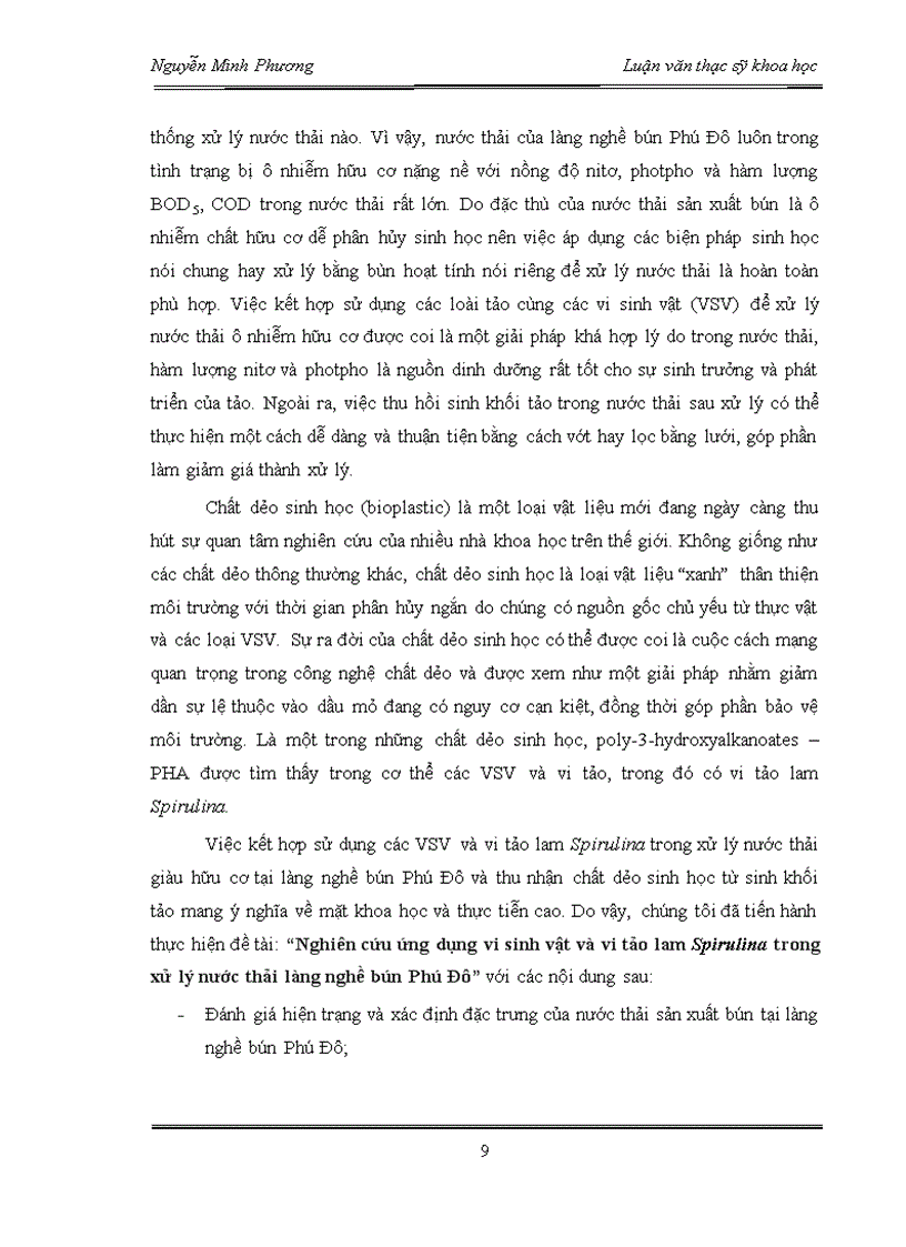 image for page Nghiên cứu ứng dụng vi sinh vật và vi tảo lam Spirulina trong xử lý nước thải làng nghề bún Phú Đô