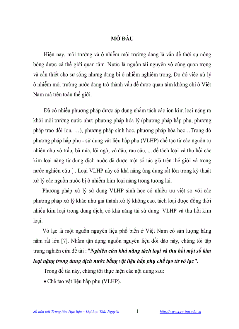 image for page Nghiên cứu khả năng tách loại và thu hồi một số kim loại nặng trong dung dịch nước bằng vật liệu hấp phụ chế tạo từ vỏ lạc