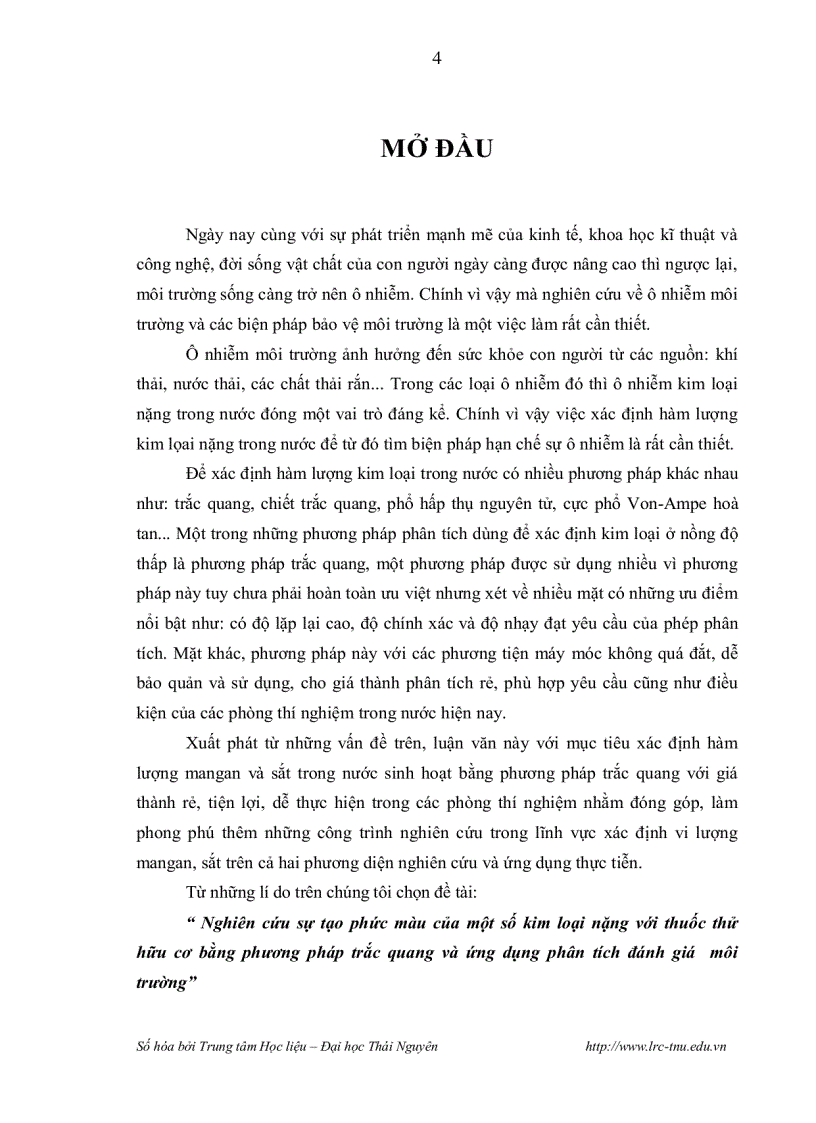 image for page Nghiên cứu sự tạo phức màu của một số kim loại nặng với thuốc thử hữu cơ bằng phương pháp trắc quang và ứng dụng phân tích đánh giá môi trường