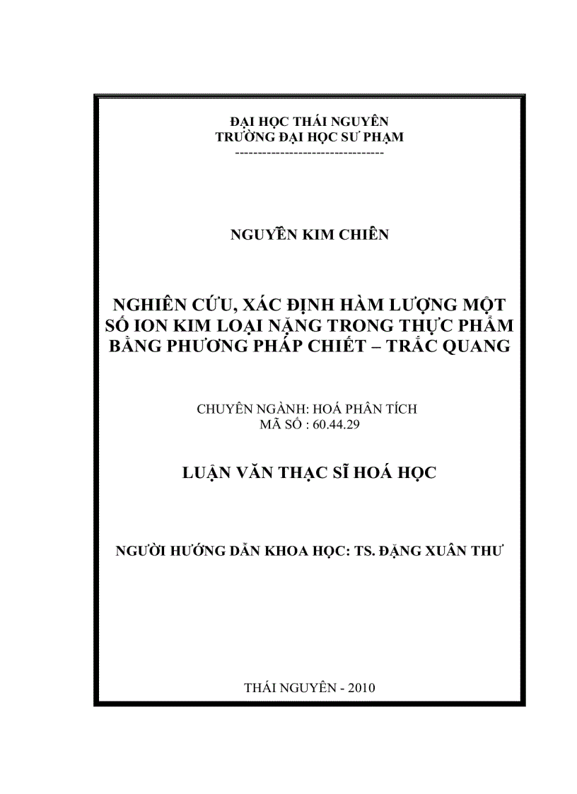 Nghiên cứu xác định hàm lượng một số ion kim loại nặng trong thực phẩm bằng phương pháp chiết trắc quang