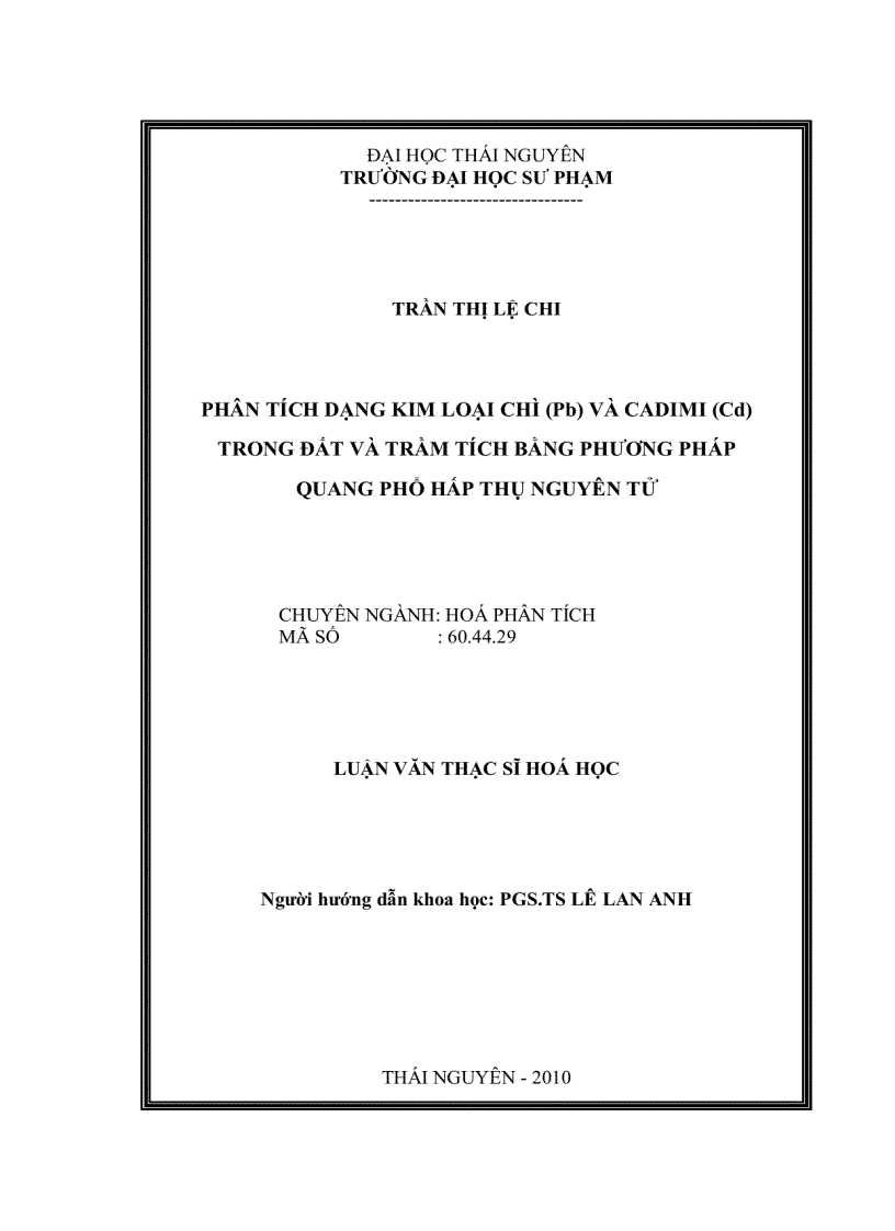 image for page PHÂN TÍCH DẠNG KIM LOẠI CHÌ Pb VÀ CADIMI Cd TRONG ĐẤT VÀ TRẦM TÍCH BẰNG PHƯƠNG PHÁP QUANG PHỔ HẤP THỤ NGUYÊN TỬ