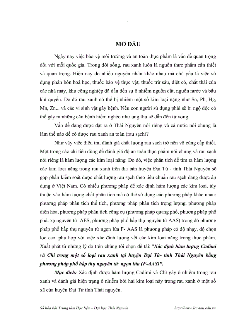 image for page Xác định hàm lượng cadimi và chì trong một số loại rau xanh tại huyện đại từ tỉnh thái nguyên bằng phương pháp phổ hấp thụ nguyên tử ngọn lửa f aas