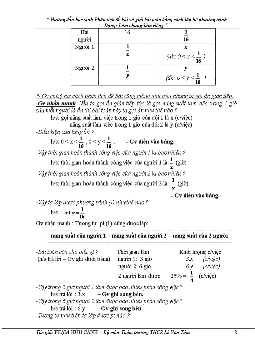 image for page Hướng dẫn học sinh Phân tích đề bài và giải bài toán bằng cách lập hệ phương trình Dạng Làm chung làm riêng