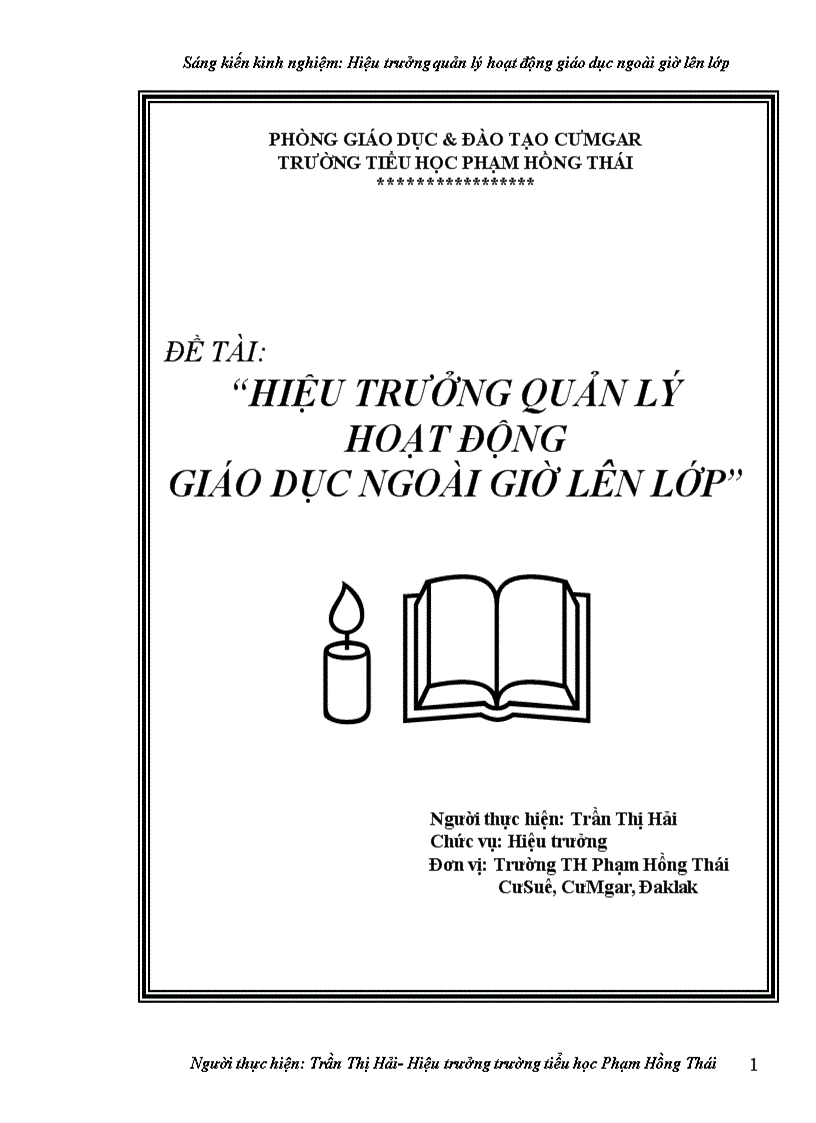 Hiệu trưởng quản lý hoạt động giáo dục ngoài giờ lên lớp Sáng kiến kinh nghiệm dạy học