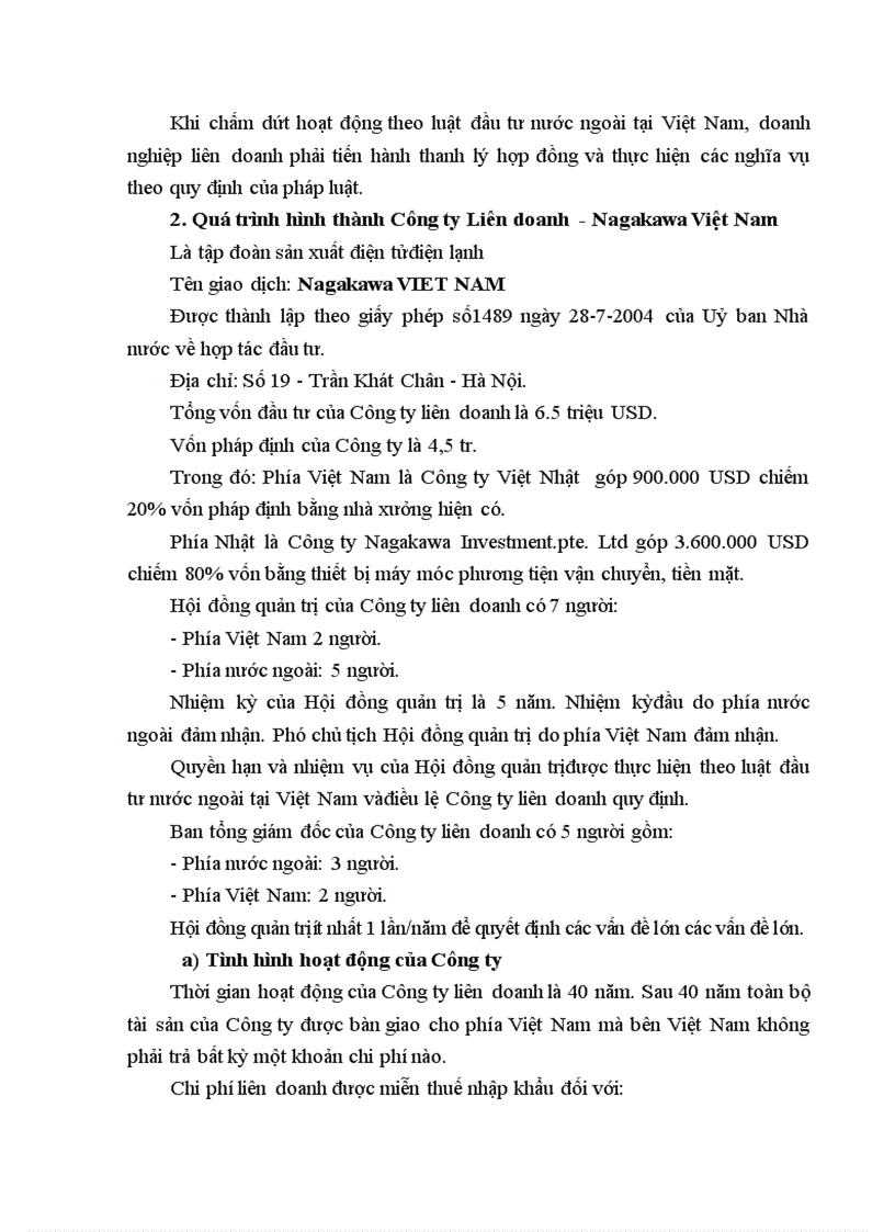 image for page Trình bày việc khởi sự chuẩn bị đăng ký thành lập tổ chức bộ máy và hoạt động của một doanh nghiệp liên doanh Công ty liên doanh Nagakawa VN