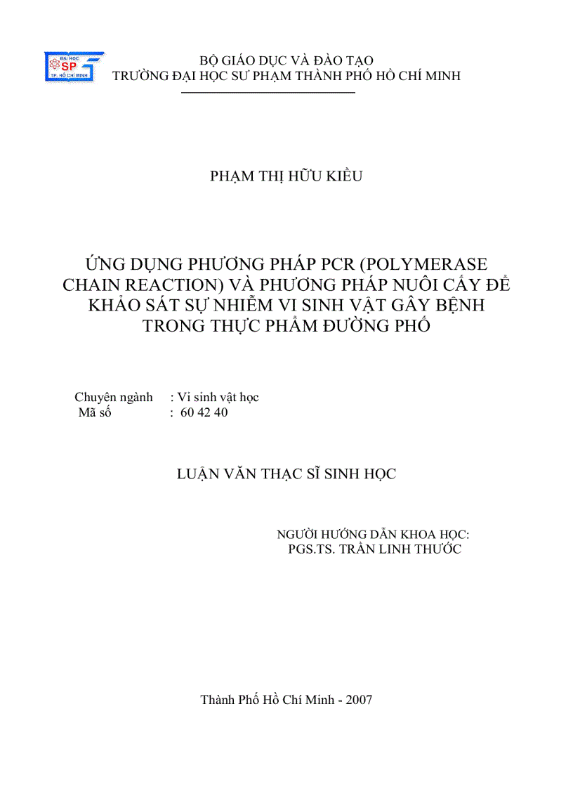 image for page Ứng dụng phương pháp PCR POLYMERASE CHAIN REACTION và phương pháp nuôi cấy để khảo sát sự nhiễm vi sinh vật gây bệnh trong thực phẩm đường phố