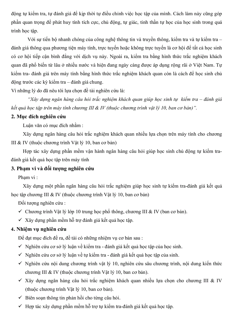 image for page Xây dựng hệ thống câu hỏi trắc nghiệm khách quan giúp học sinh tự kiểm tra đánh giá kết quả học tập trên máy tính chương III và IV Vật Lý 10 CB