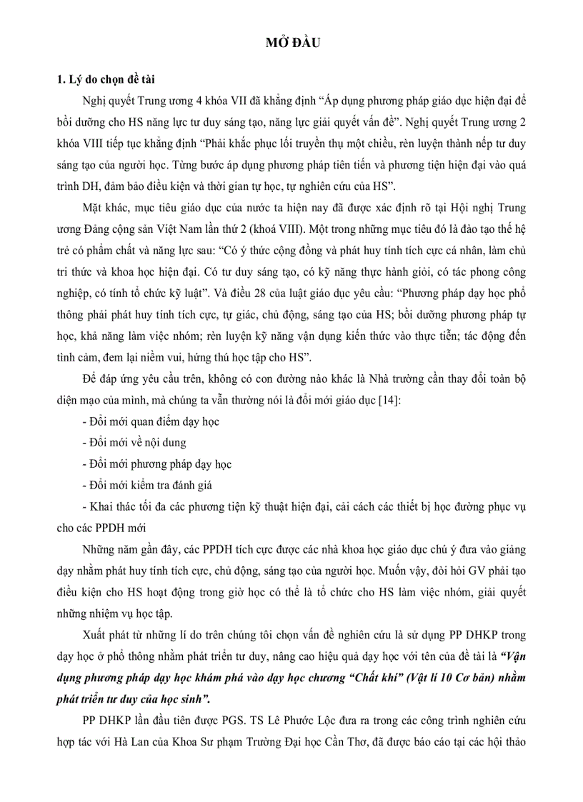 image for page Vận dụng phương pháp dạy học khám phá vào dạy học chương chất khí VL 10 Cơ Bản nhằm phát triển tư duy của học sinh