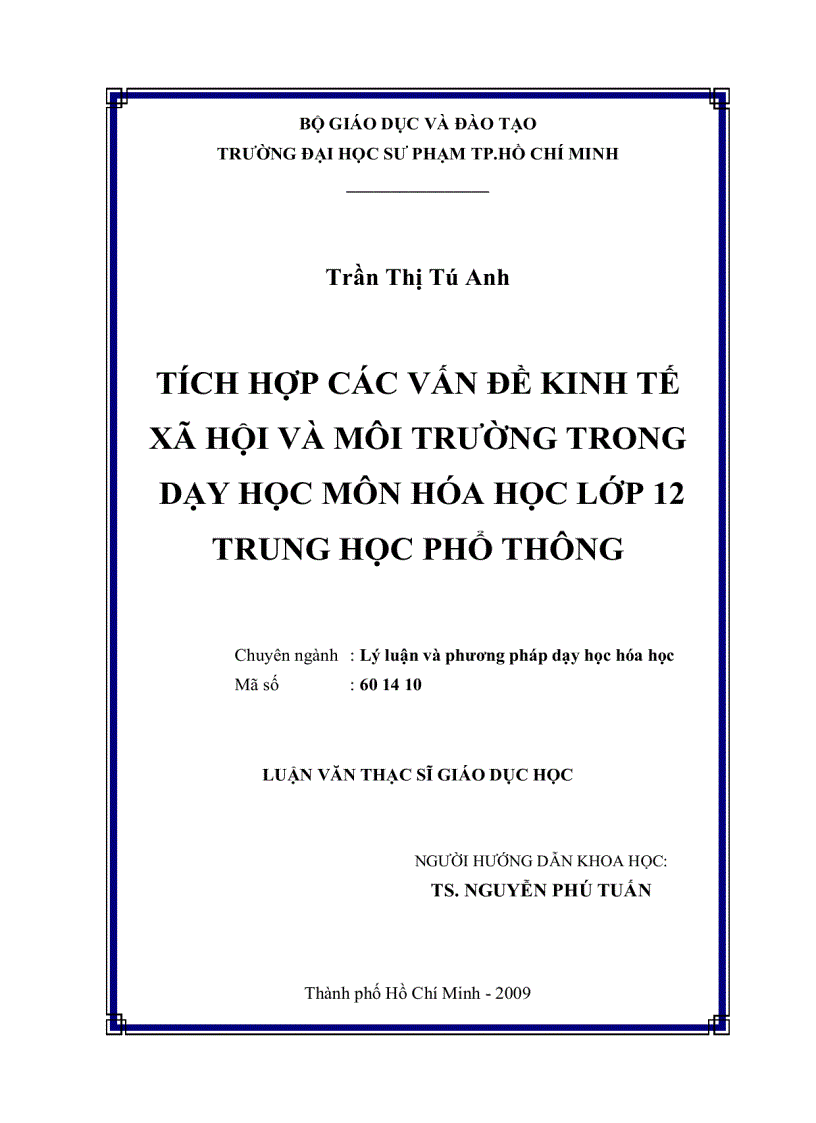 image for page Tích hợp các vấn đề kinh tế xã hội và môi trường trong dạy học môn hóa học lớp 12 THPT