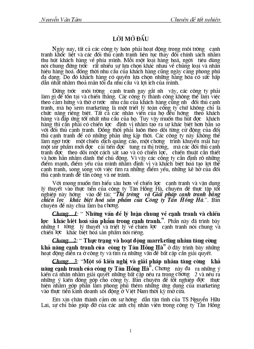 Thị trường và Giải pháp cạnh tranh bằng chiến lược khác biệt hoá sản phẩm của Công ty Tân Hồng Hà