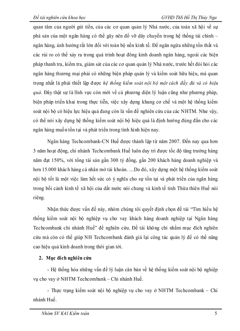 image for page Tìm hiểu hệ thống kiểm soát nội bộ nghiệp vụ cho vay khách hàng doanh nghiệp tại Ngân hàng Techcombank chi nhánh Huế