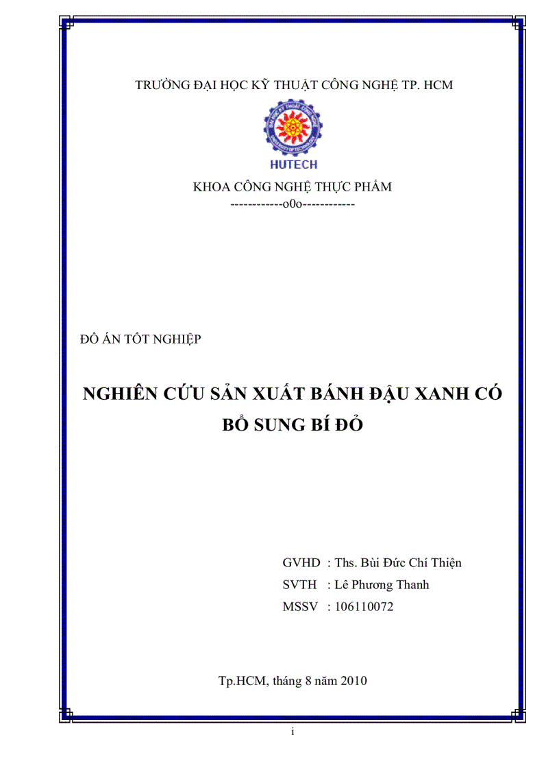 Nghiên cứu sản xuất bánh đậu xanh có bổ sung bí đỏ