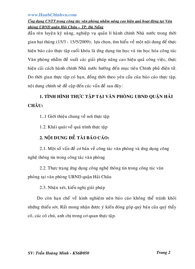 Ứng dụng CNTT trong công tác văn phòng nhằm nâng cao hiệu quả hoạt động tại Văn phòng UBND quận Hải Châu TP Đà Nẵng