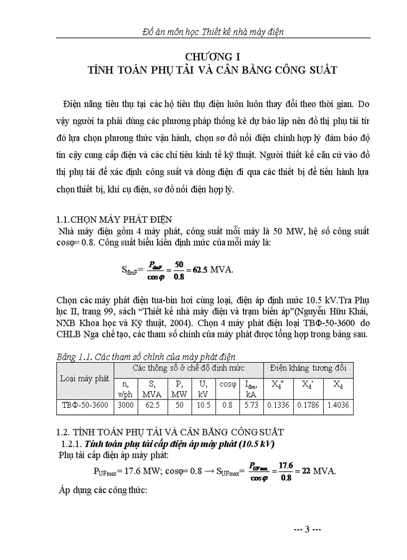 Thiết kế phần điện nhà máy nhiệt điện và tính toán chế độ vận hành tối ưu của nhà máy điện