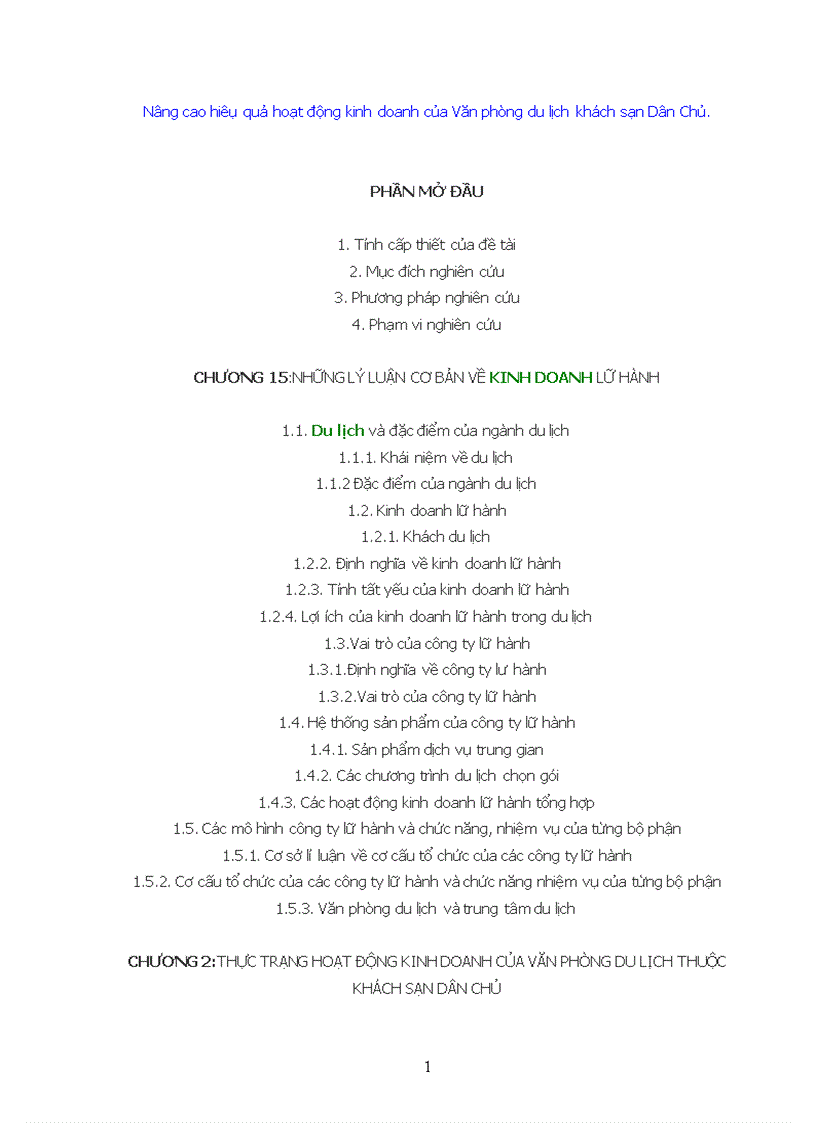 image for page Nâng cao hiêụ quả hoạt động kinh doanh của Văn phòng du lịch khách sạn Dân Chủ