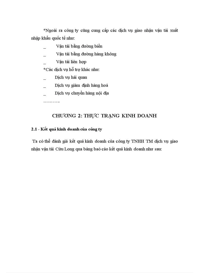 Đánh giá thực trạng kinh doanh và định hướng phát triển của Công ty TNHH TM Dịch vụ giao nhận vận tải Cửu Long Chi nhánh Hà Nội