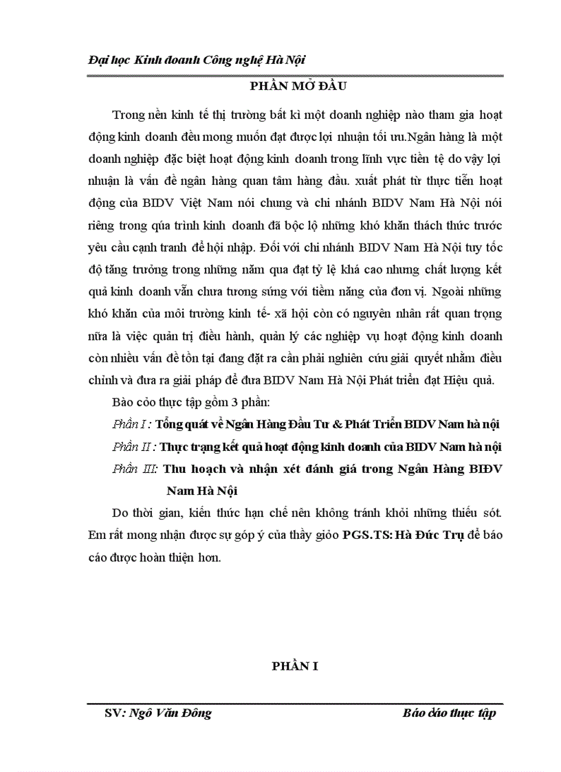 Thực trạng kết quả hoạt động kinh doanh của Ngân hàng Đầu tư và Phát triển Việt Nam chi nhánh Nam Hà Nội