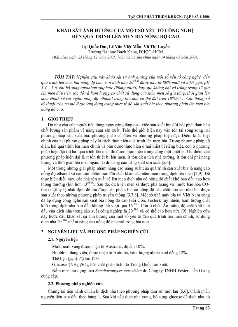 Khảo sát ảnh hưởng của một số yếu tố công nghệ đến quá trình lên men bia nồng độ cao
