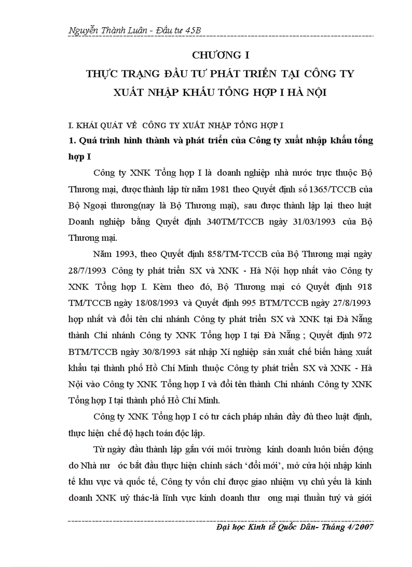 Thực trạng và giải pháp của hoạt động đầu tư phát triển trong công ty XNK Tổng Hợp I