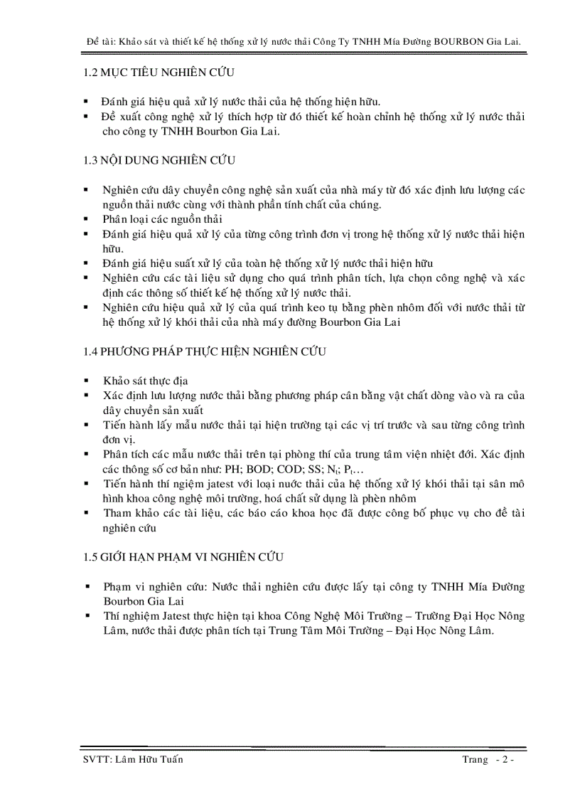 Khảo sát và thiết kế hệ thống xử lý nước thải Công Ty TNHH Mía Đường BOURBON Gia Lai