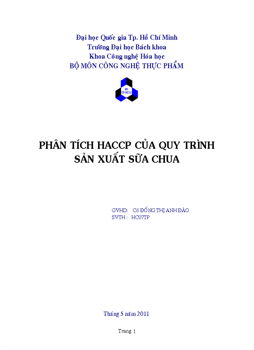 Phân tích HACCP của quy trình sản xuất sữa chua