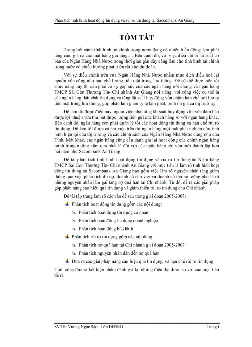 Phân tích tình hình hoạt động tín dụng và rủi ro tín dụng tại ngân hàng tmcp sài gòn thương tín chi nhánh an giang