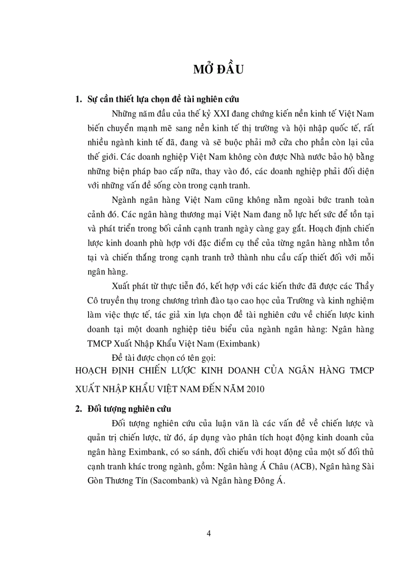 Hoạch định chiến lược kinh doanh của ngân hàng Thương mại Cổ phần xuất nhập khẩu Việt Nam đến năm 2010