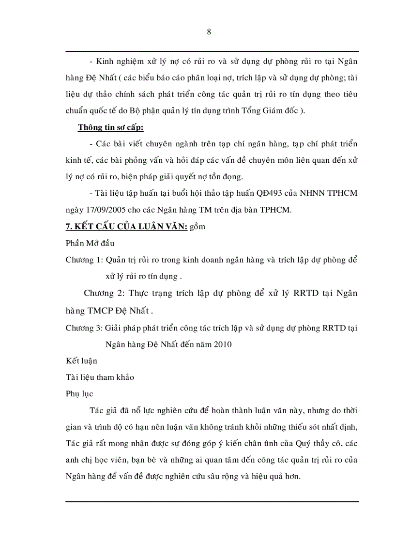 image for page Trích lập và sử dụng dự phòng để xử lý rủi ro tín dụng trong hoạt động kinh doanh của Ngân hàng TMCP Đệ Nhất