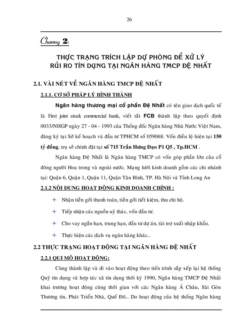 image for page Trích lập và sử dụng dự phòng để xử lý rủi ro tín dụng trong hoạt động kinh doanh của Ngân hàng TMCP Đệ Nhất