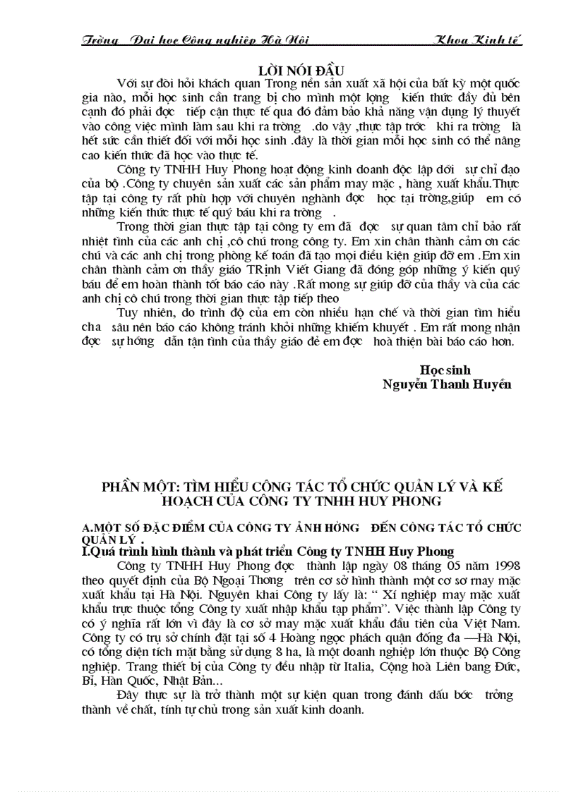 image for page Tìm hiểu công tác tổ chức quản lý và kế hoạch của công ty TNHH huy phong và một số kiến nghị về chế độ tiền lương hiện nay của Công ty