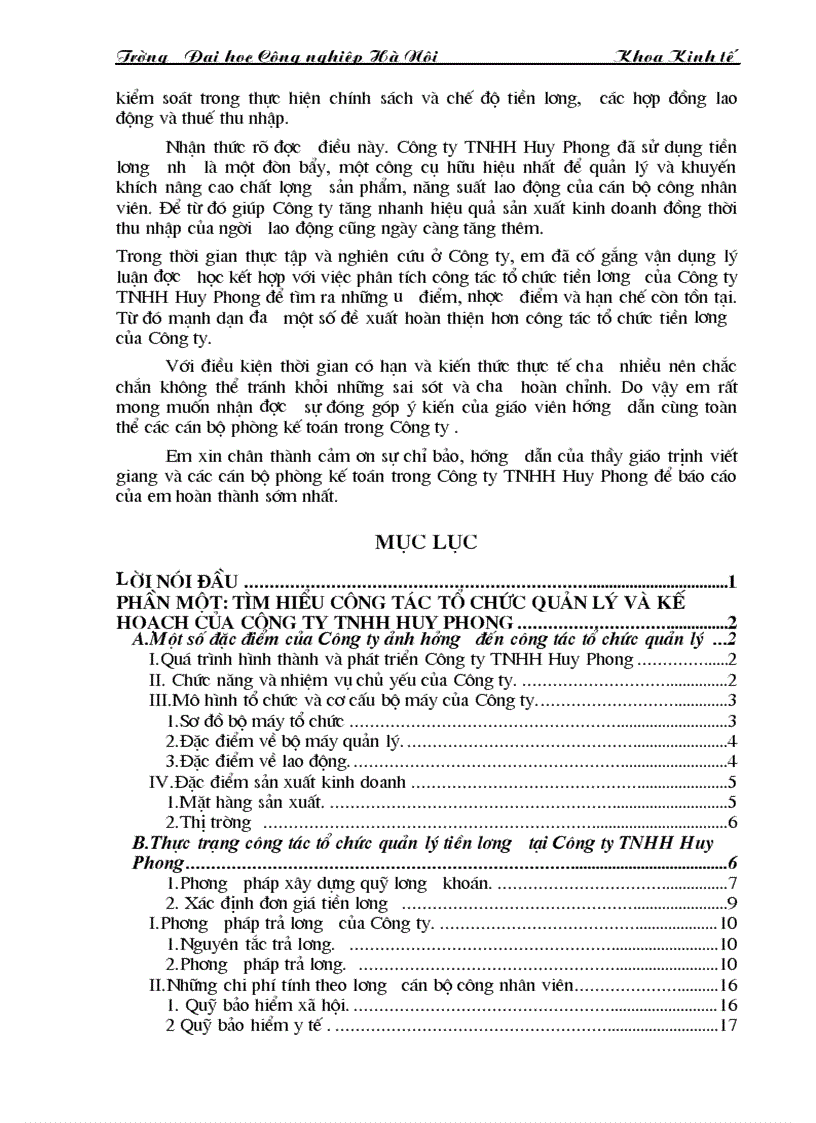 image for page Tìm hiểu công tác tổ chức quản lý và kế hoạch của công ty TNHH huy phong và một số kiến nghị về chế độ tiền lương hiện nay của Công ty