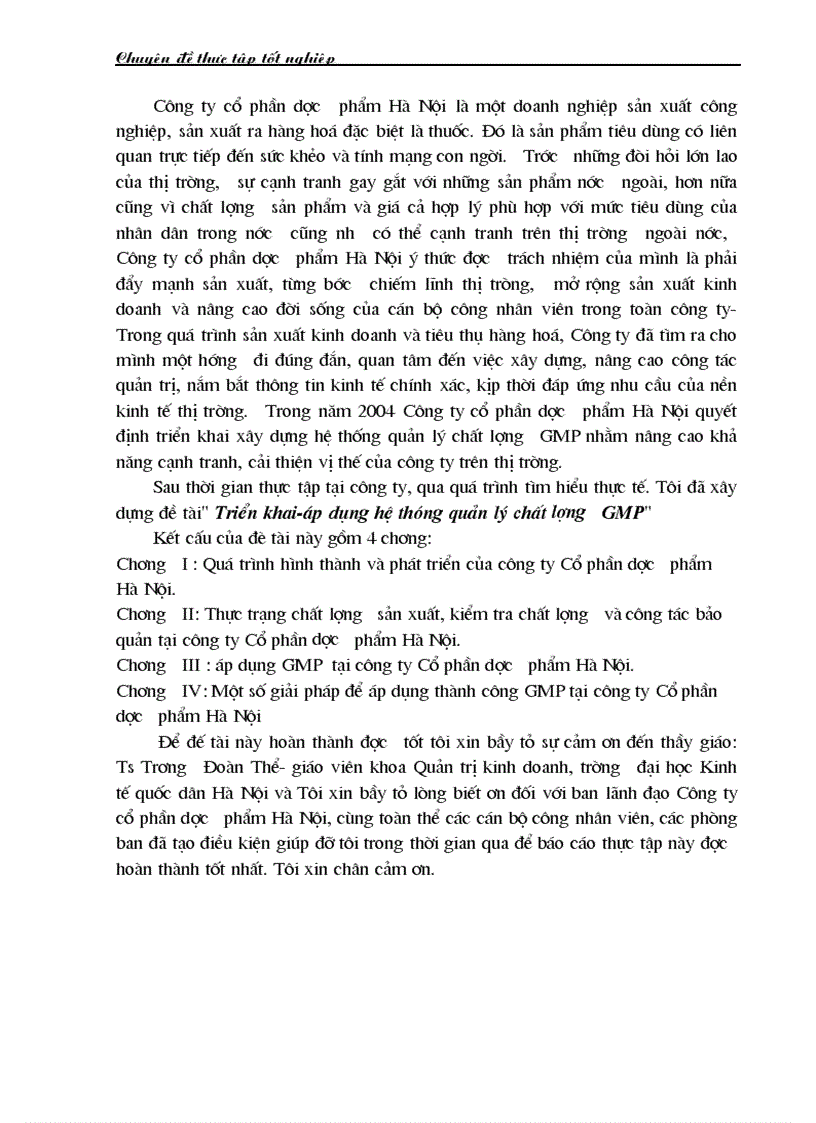 image for page Triển khai áp dụng hệ thống quản lý chất lượng GMP tại công ty Cổ phần dược phẩm Hà Nội