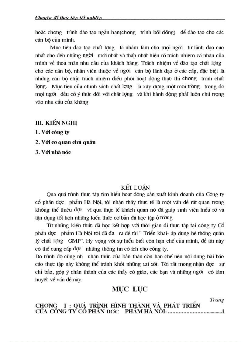image for page Triển khai áp dụng hệ thống quản lý chất lượng GMP tại công ty Cổ phần dược phẩm Hà Nội