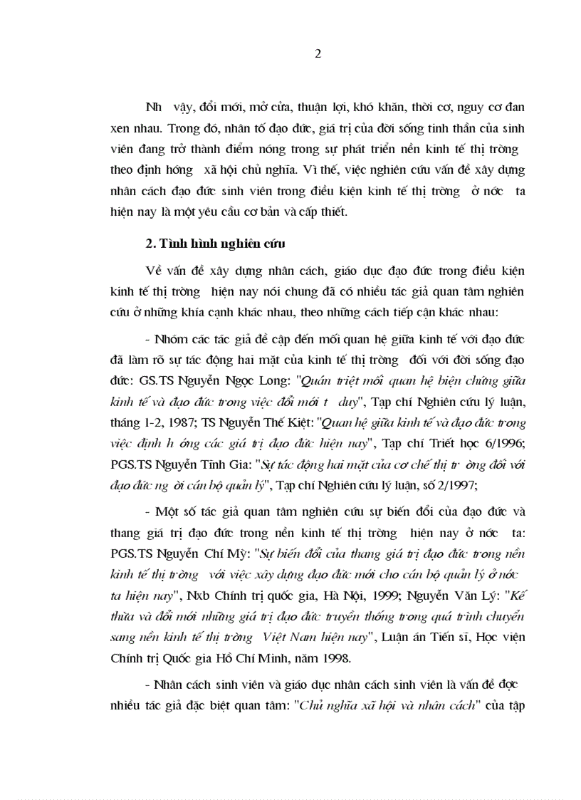 Vấn đề xây dựng nhân cách đạo đức sinh viên trong điều kiện kinh tế thị trường ở Việt Nam hiện nay qua thực tế các trường đại học khối xã hội nhân văn ở miền Bắc Việt Nam
