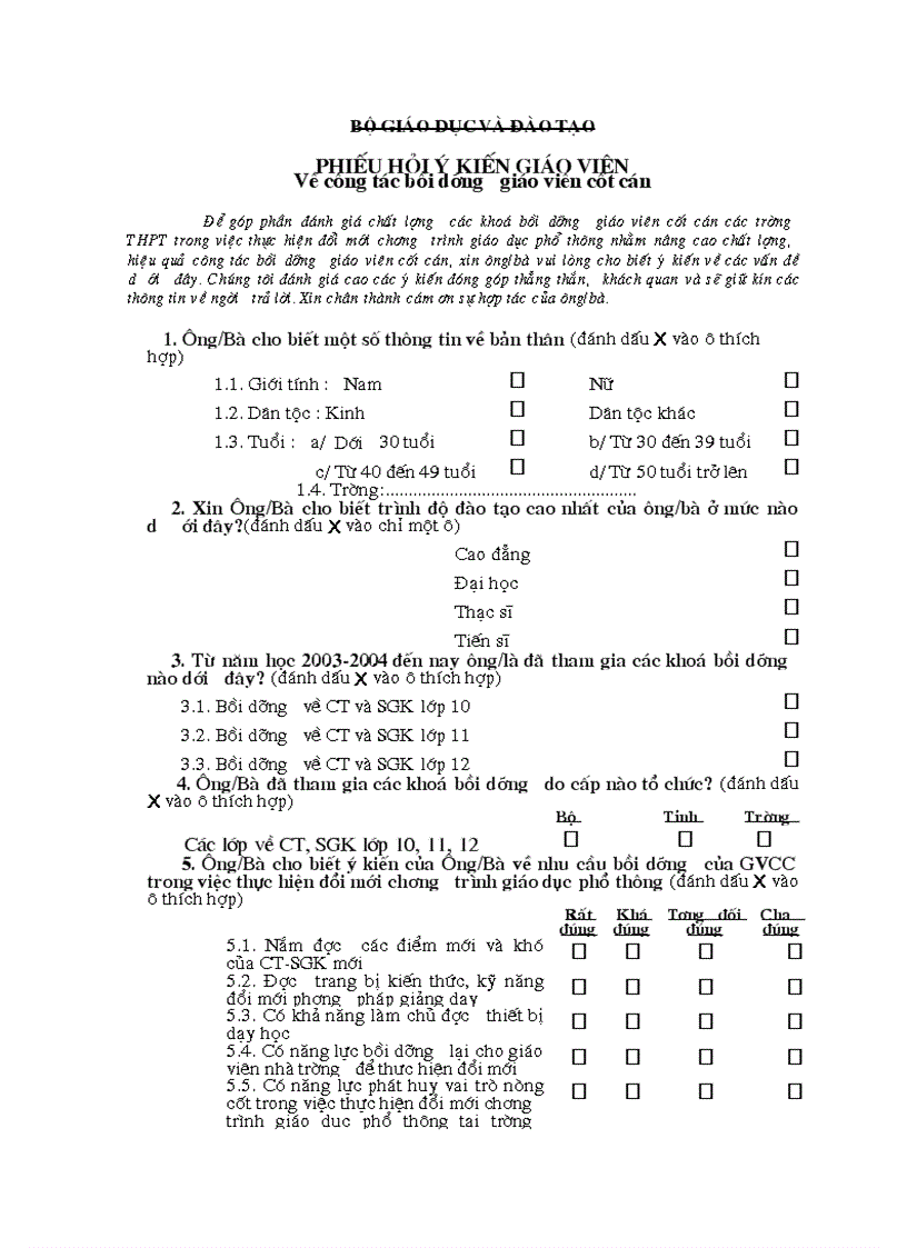 Phiếu hỏi ý kiến về công tác bồi dưỡng giáo viên cốt cán