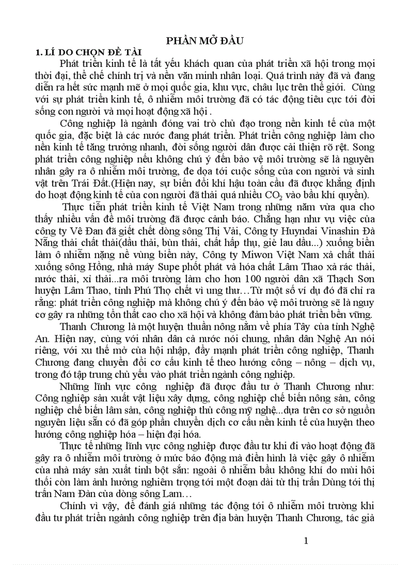 Phát triển công nghiệp và tác động của nó lên ô nhiễm môi trường ở huyện Thanh Chương tỉnh Nghệ An 1