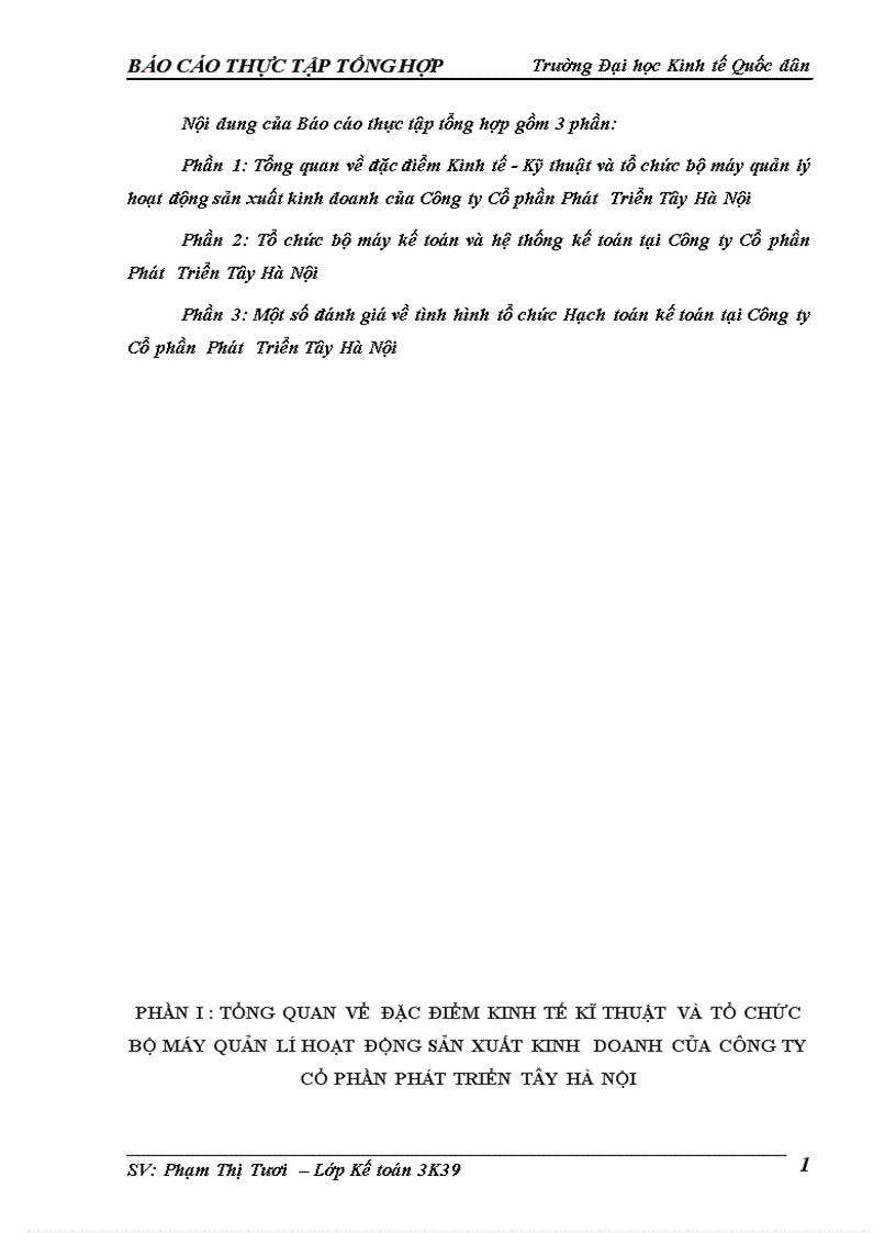 Báo cáo thực tập tổng hợp kế toán tại Công ty Cổ phần Phát Triển Tây Hà Nội