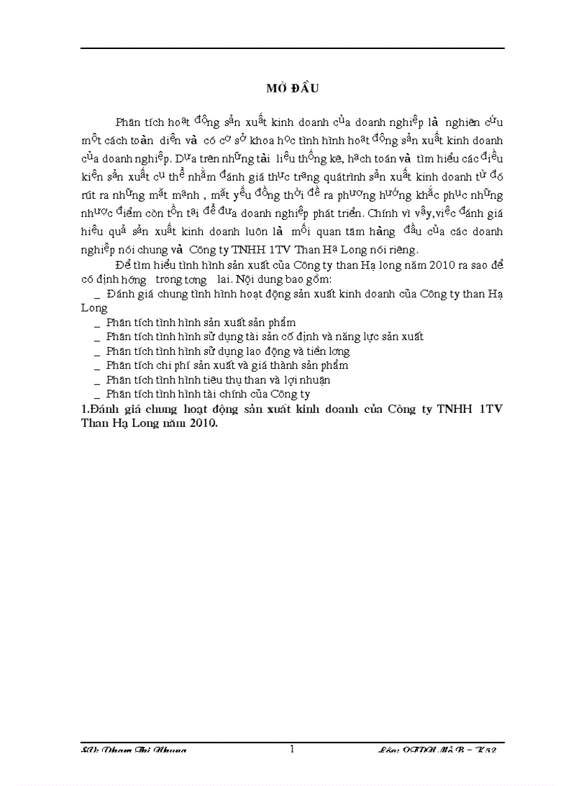 Phân tích tình hình tiêu thụ sản phẩm và lợi nhuận của công ty TNHH 1TV Than Hạ Long năm 2010
