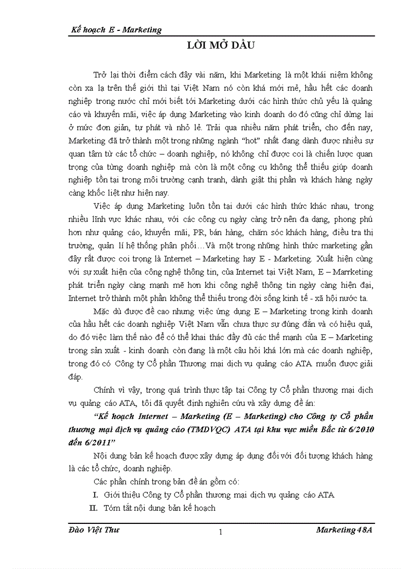 image for page Kế hoạch Internet Marketing E Marketing cho Công ty Cổ phần thương mại dịch vụ quảng cáo TMDVQC ATA tại khu vực miền Bắc từ 6 2010 đến 6 201