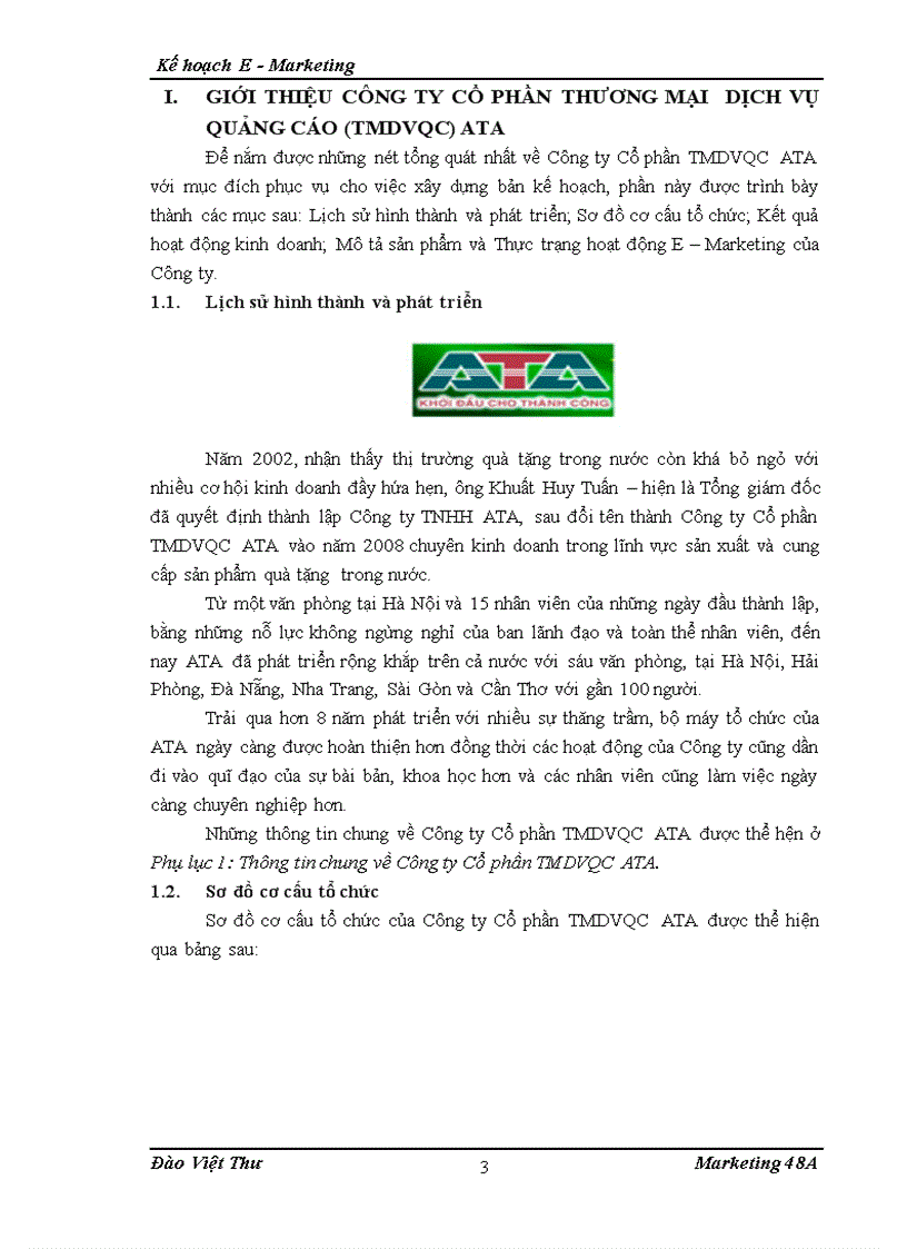 image for page Kế hoạch Internet Marketing E Marketing cho Công ty Cổ phần thương mại dịch vụ quảng cáo TMDVQC ATA tại khu vực miền Bắc từ 6 2010 đến 6 201