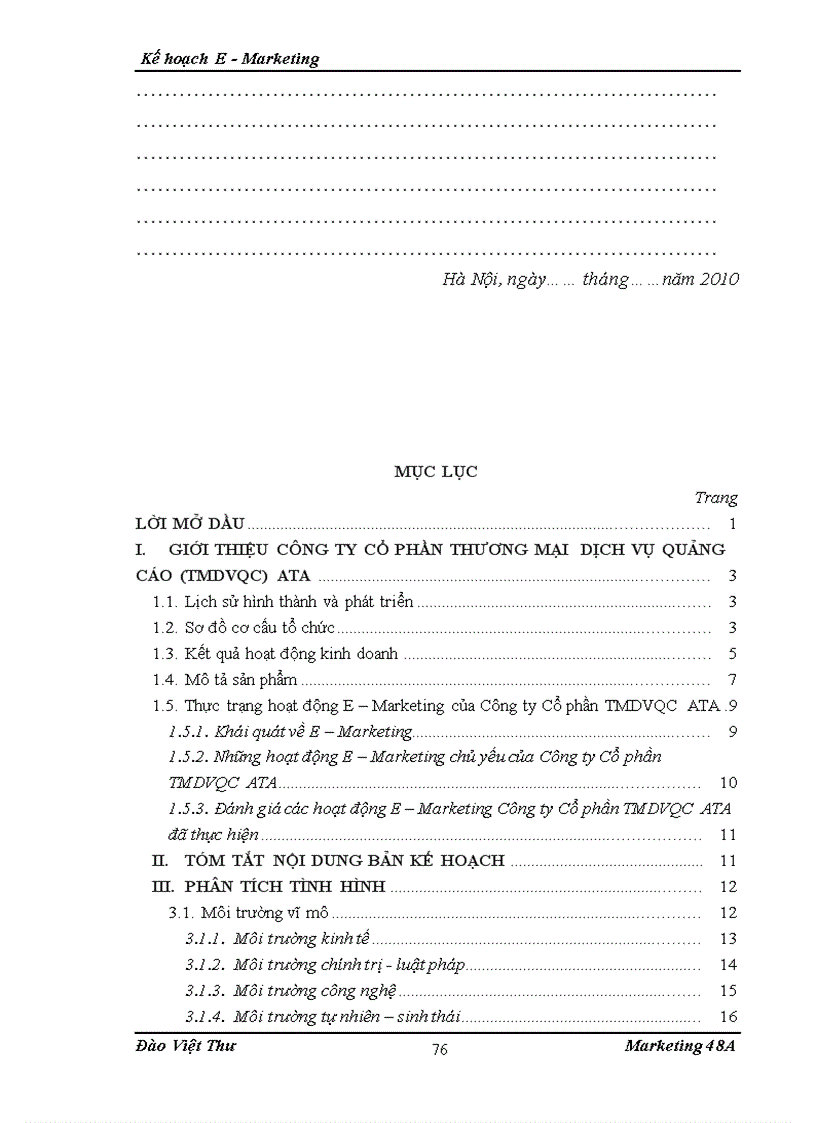 image for page Kế hoạch Internet Marketing E Marketing cho Công ty Cổ phần thương mại dịch vụ quảng cáo TMDVQC ATA tại khu vực miền Bắc từ 6 2010 đến 6 201